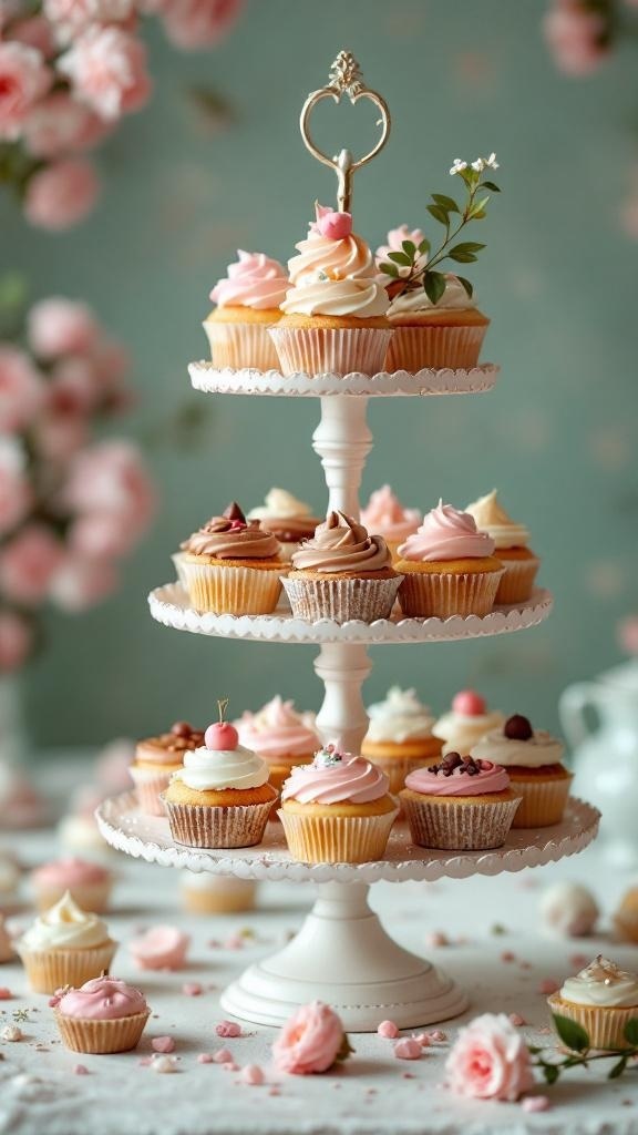 A tiered cake stand filled with colorful cupcakes, surrounded by pink flowers.
