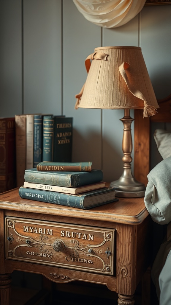 A distressed wooden nightstand with books and a lamp beside a bed.
