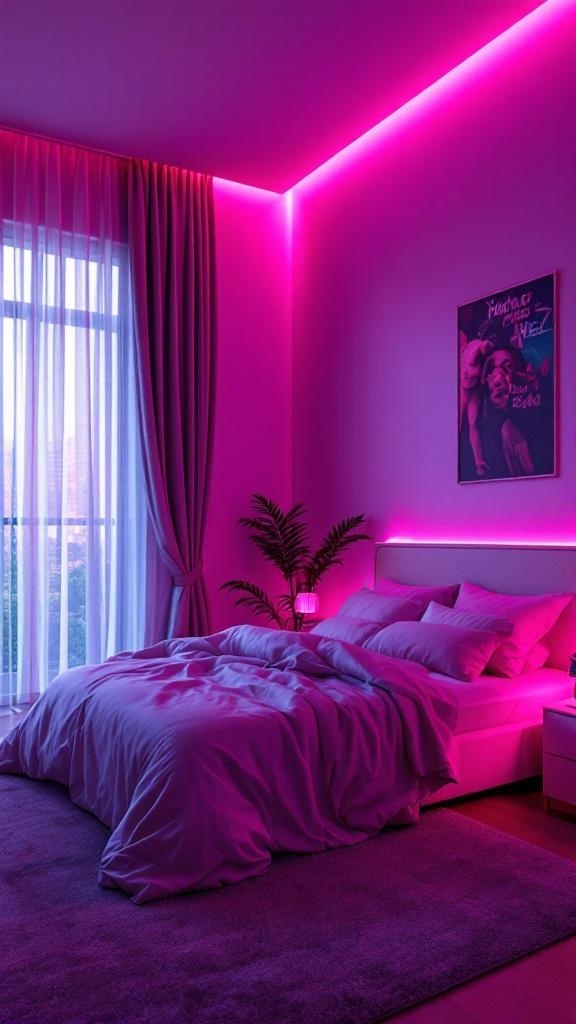 A pink and grey bedroom featuring LED strip lighting and soft furnishings.