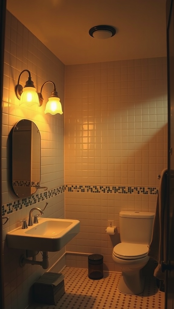 A cozy bathroom with warm lighting and retro fixtures.