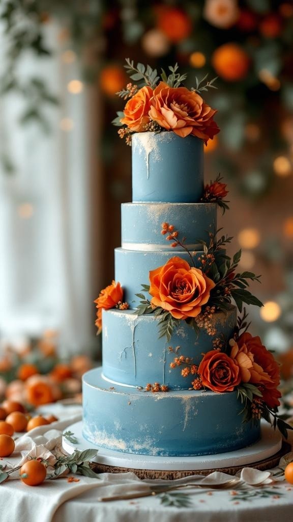 A multi-tiered cake in dusty blue with rust-colored roses and greenery, set on a table with decorative elements.
