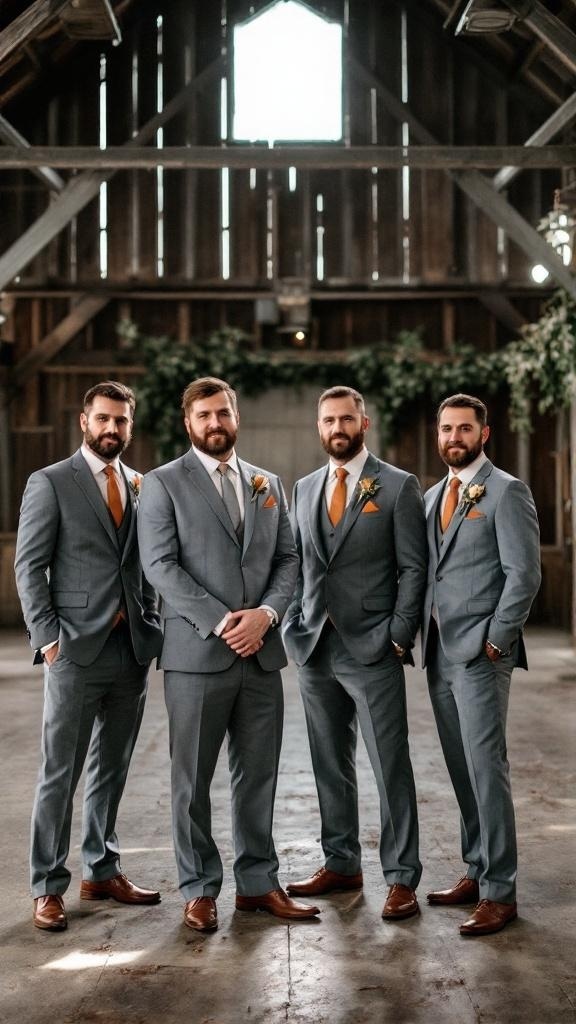 Groomsmen in dusty blue suits with rust orange accents