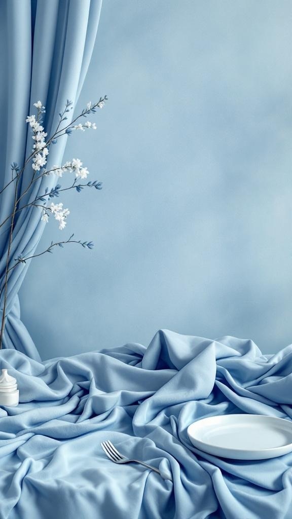 Dusty blue linens with a white plate and fork, accented by delicate flowers.