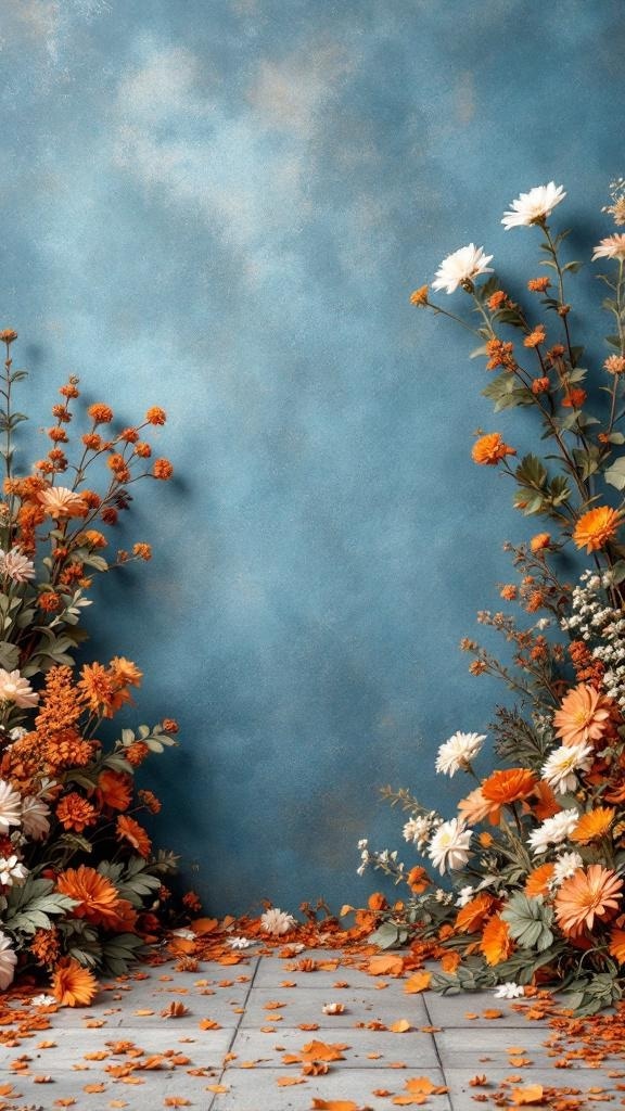 A dusty blue backdrop adorned with rust orange and white flowers, perfect for a wedding photo booth.