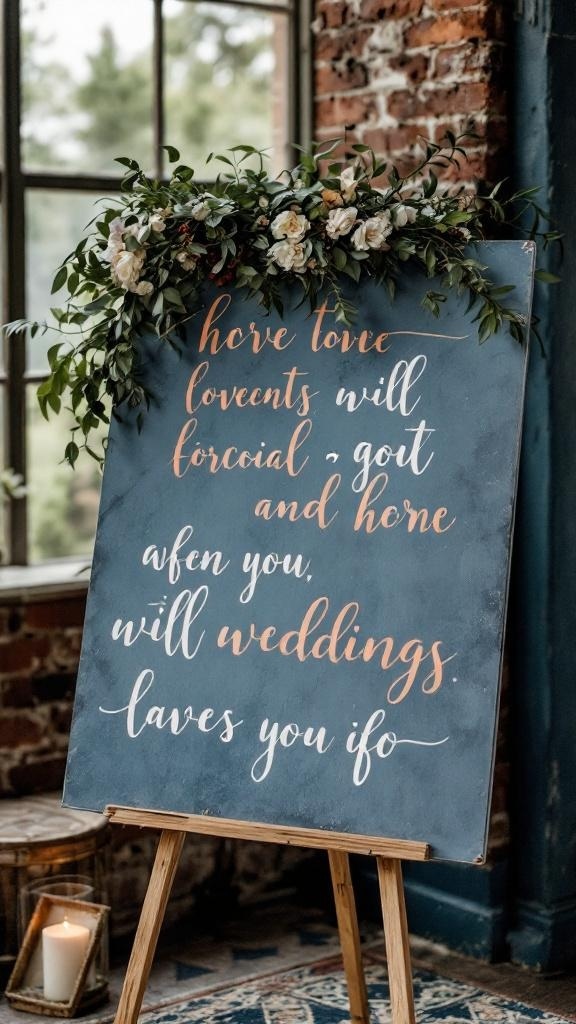 A dusty blue wedding sign with elegant calligraphy and floral accents.