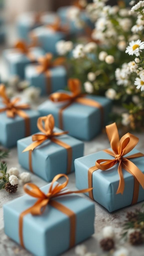 Dusty blue wedding favors wrapped with rust orange ribbons, surrounded by flowers and greenery.