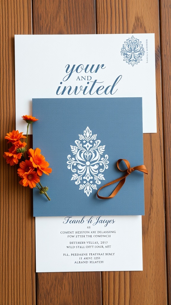 A collection of wedding invitations featuring dusty blue and rust orange floral designs, surrounded by sunflowers and fabric.