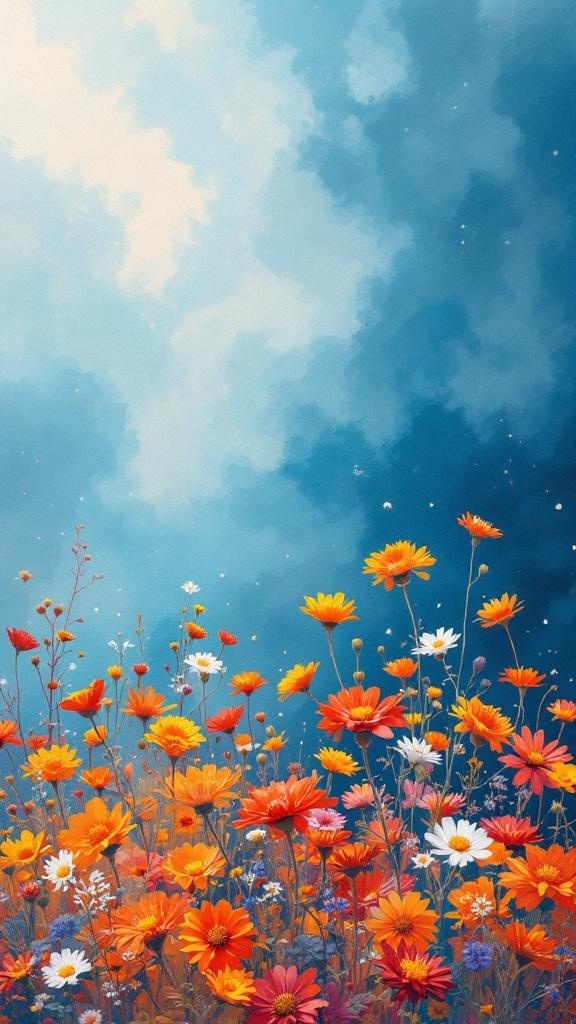 A vibrant arrangement of blue and orange wildflowers.