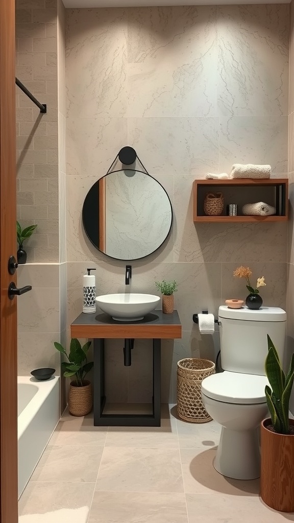 A modern bathroom featuring earthy elements like plants, wooden fixtures, and stone textures.