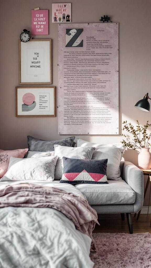 A cozy pink and grey bedroom with various eclectic accessories.