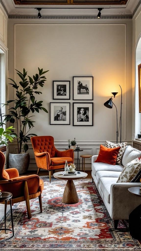 A stylish living room featuring a mix of orange armchairs and a light sofa, with decorative pillows and a patterned rug.
