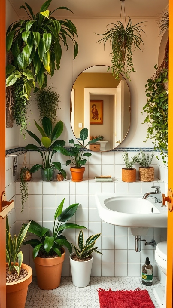 A cozy bathroom filled with various potted plants, creating a lively and inviting atmosphere.
