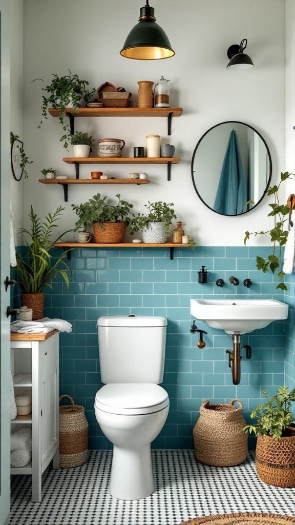 A stylish bathroom featuring open shelves with plants and decorative items, a round mirror, and a modern sink.