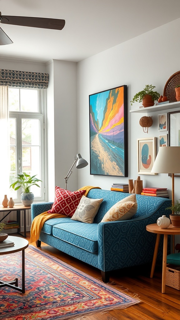 A cozy living room featuring a patterned blue sofa, colorful pillows, and a vibrant rug.