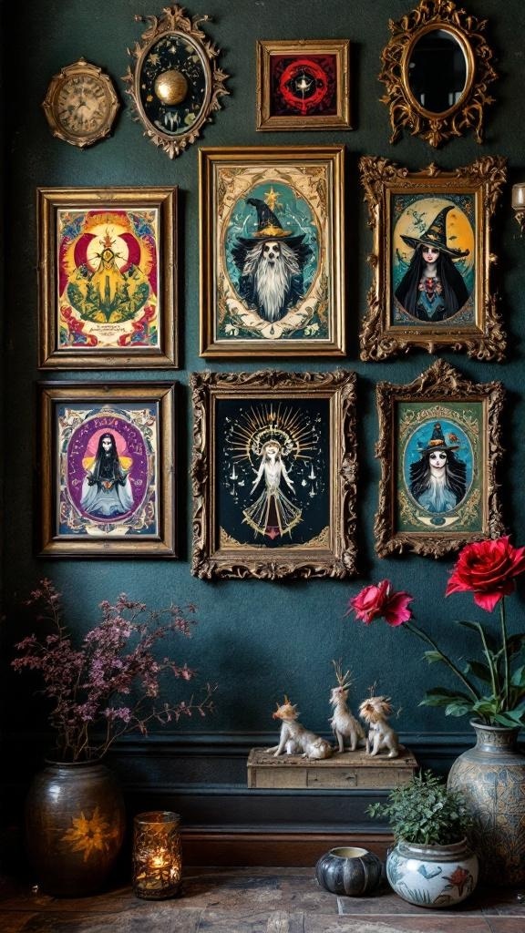 Eclectic wall art gallery featuring various framed artworks and decorative elements.