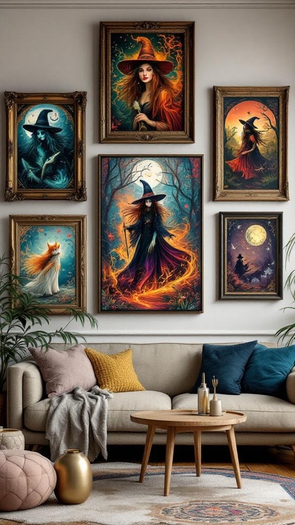 Eclectic wall art gallery featuring witch-themed paintings in various frames.