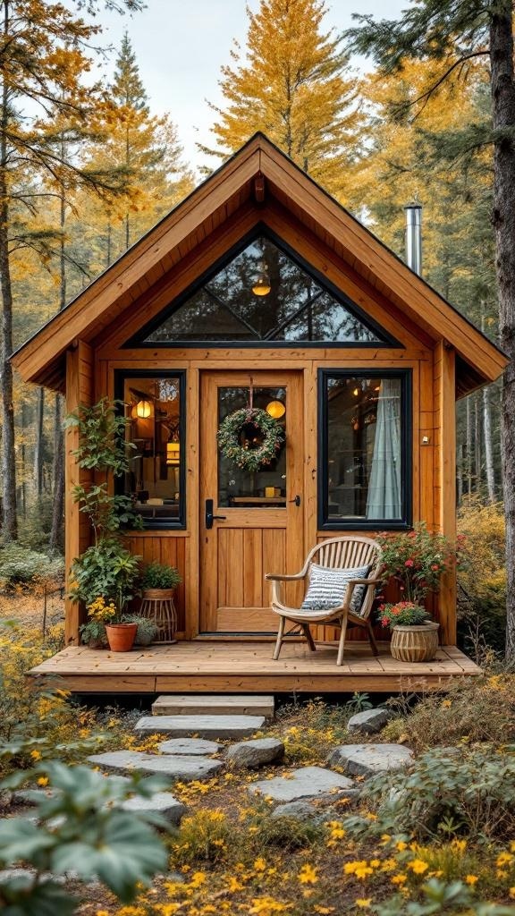 A charming tiny house made of wood, surrounded by trees and flowers.