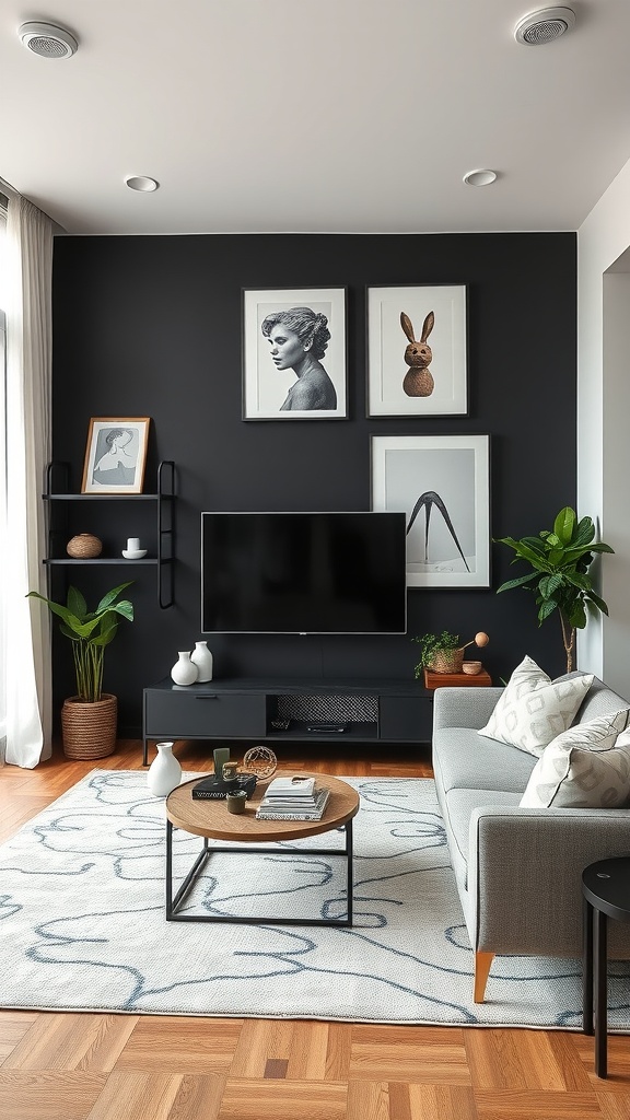 A stylish living room featuring a black accent wall with framed art, a grey sofa, and a wooden coffee table.