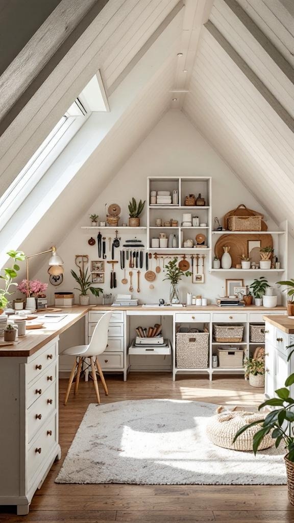 A stylish attic craft room featuring ample storage, a cozy chair, and natural light.