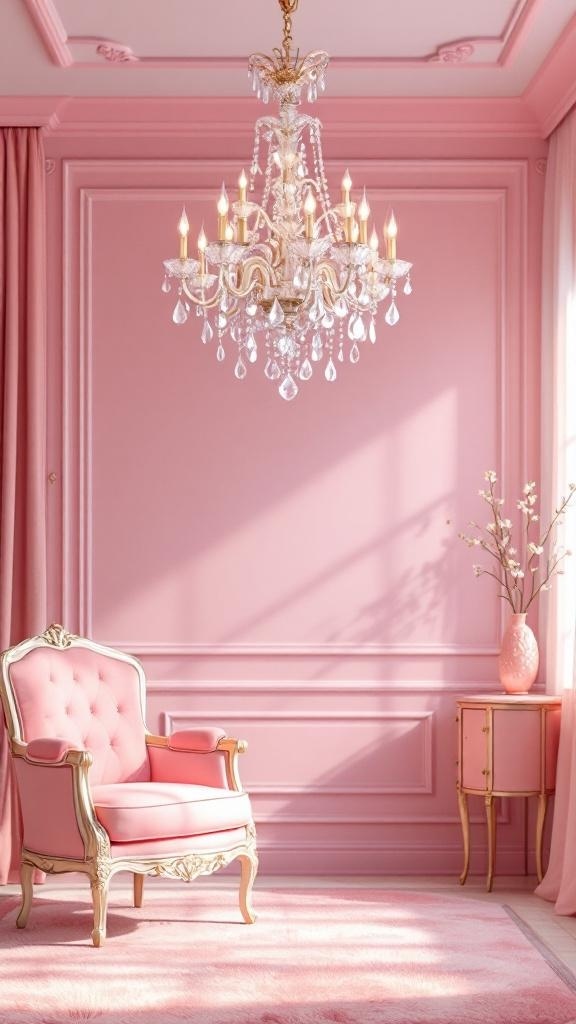 A pink room featuring a crystal chandelier and elegant furniture.