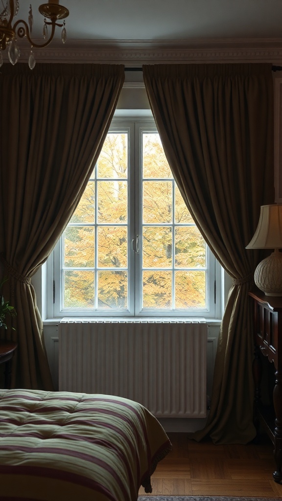 A vintage bedroom with elegant drapery framing a window, showcasing fall colors outside.