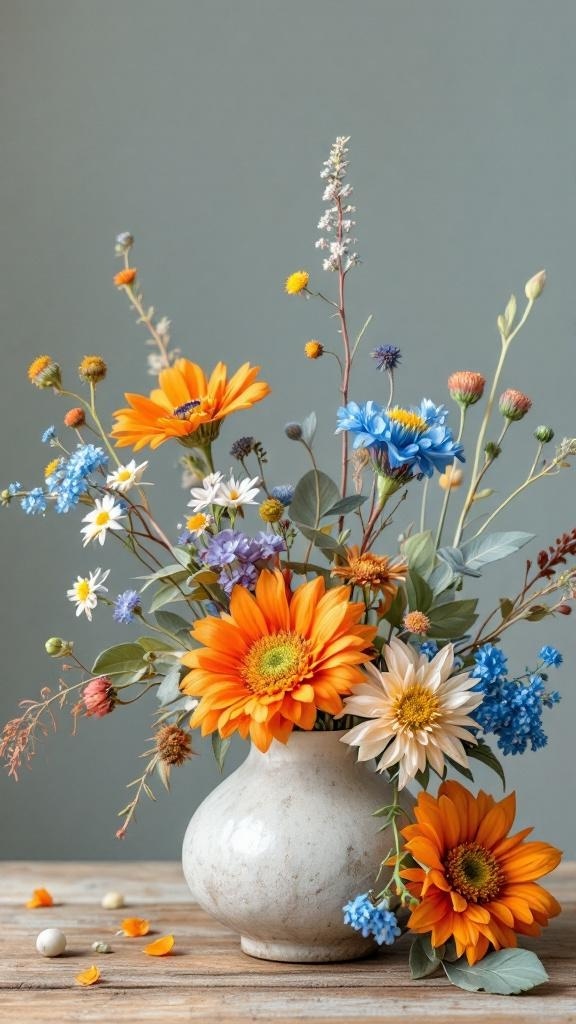 A beautiful floral arrangement featuring blue and orange wildflowers in a vase.
