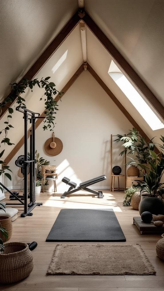 A cozy attic home gym featuring natural elements and workout equipment.