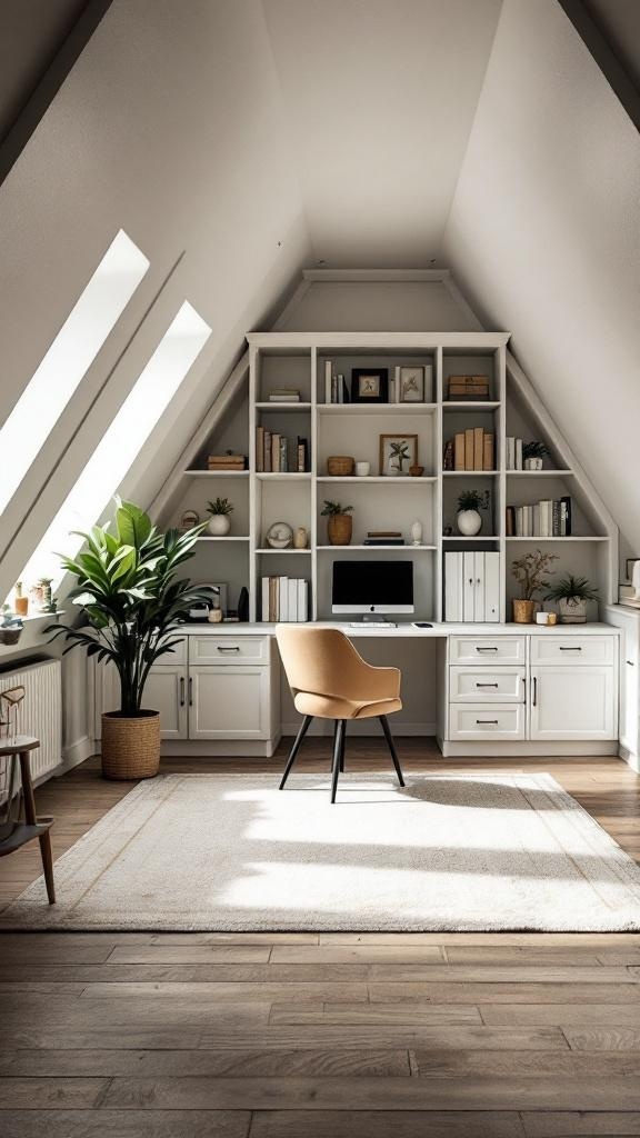A stylish attic home office featuring built-in shelving, a desk, and a cozy chair.