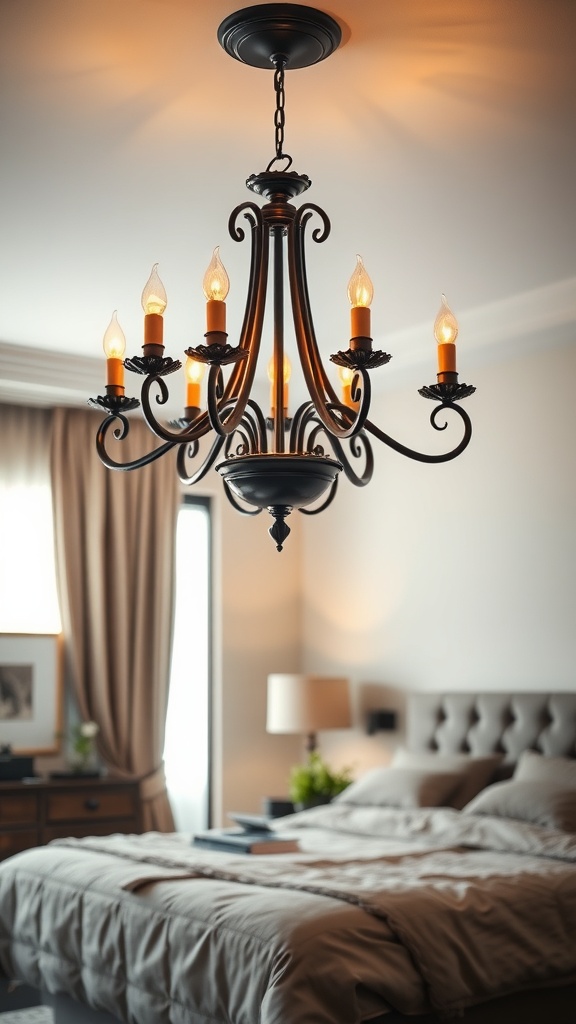 A black and gold chandelier hanging above a cozy bedroom with warm lighting.
