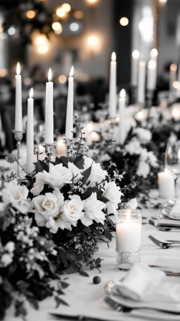Black and white wedding reception table with elegant centerpieces featuring white roses and candles.