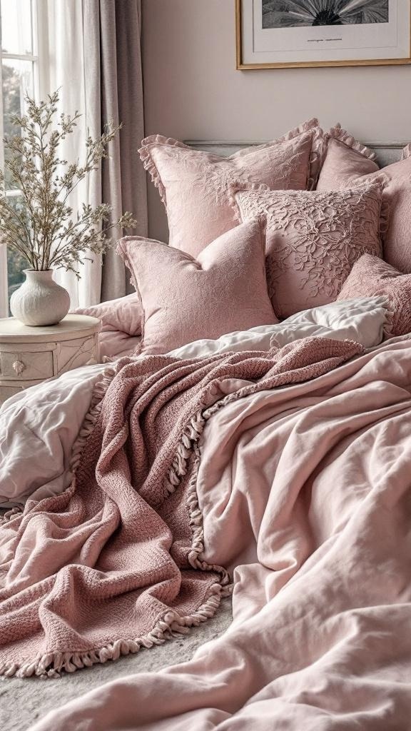 A beautifully arranged bed with pink textiles including pillows and a blanket.