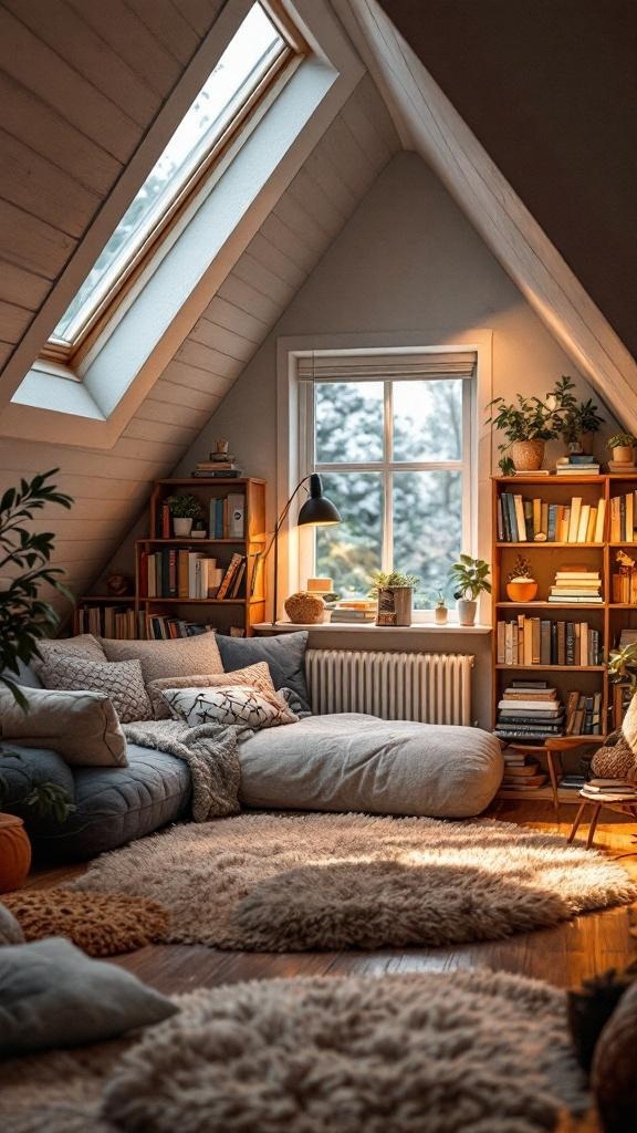 Cozy attic reading nook with skylights, bookshelves, and soft cushions.