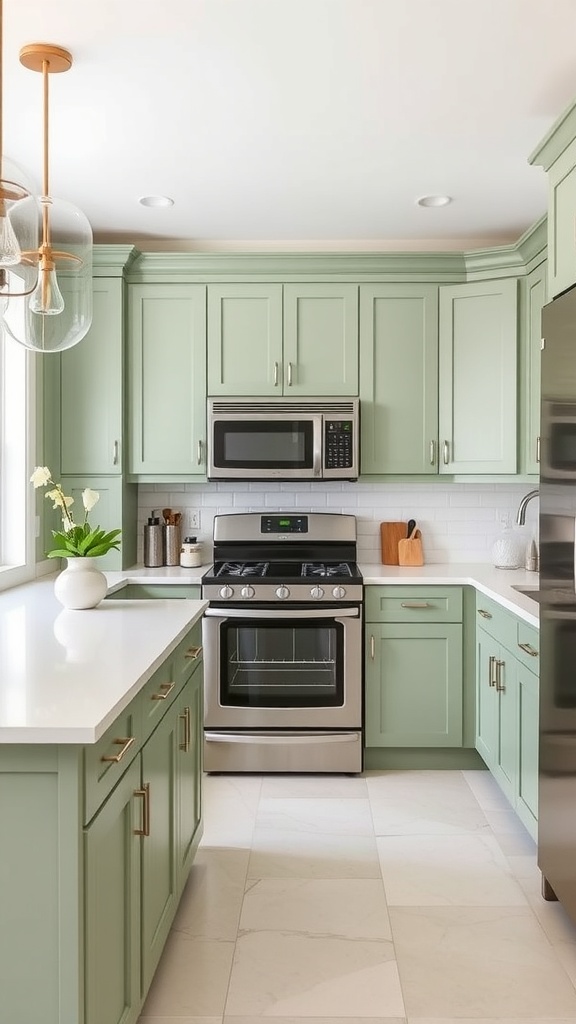 A modern kitchen featuring sage green cabinets and white countertops.