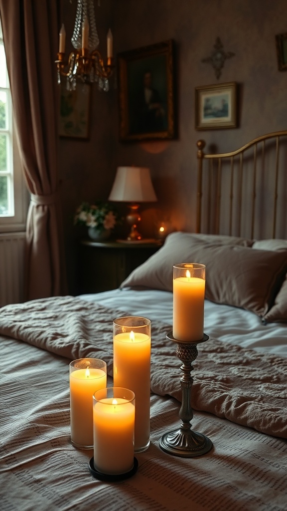 A cozy vintage bedroom with scented candles on the bed.
