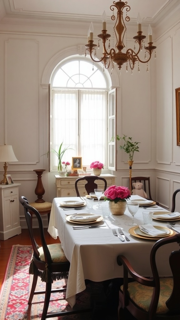 A dining room with an elegant table setting featuring a white tablecloth, floral centerpiece, and decorative plates.
