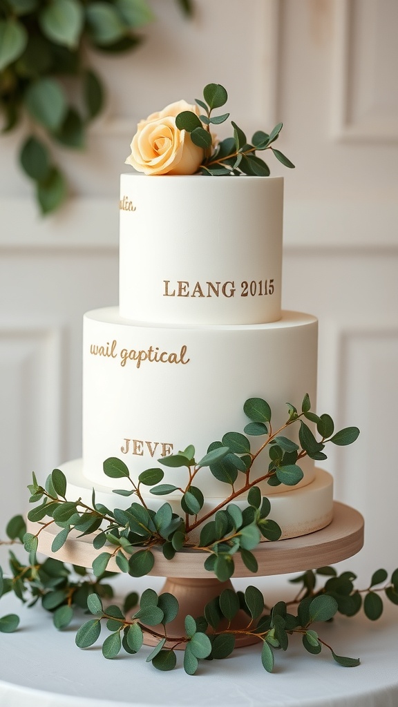 A white wedding cake with khaki accents and eucalyptus, topped with a rose.