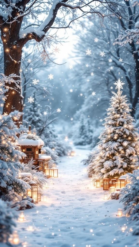A snowy path lined with trees and lanterns, creating a winter wonderland atmosphere.