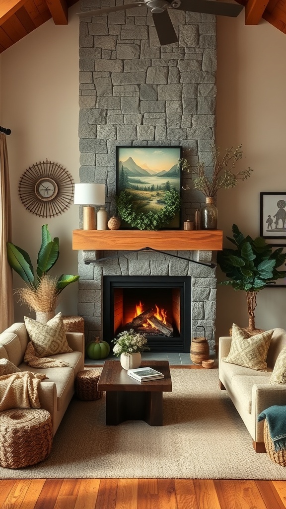 Cozy living room with earthy tones, featuring a stone fireplace and comfortable seating.