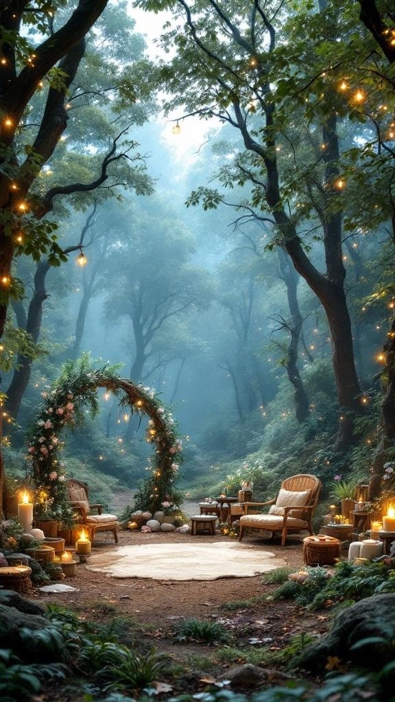 A cozy wedding setup in an enchanted forest with lights, chairs, and floral decorations.