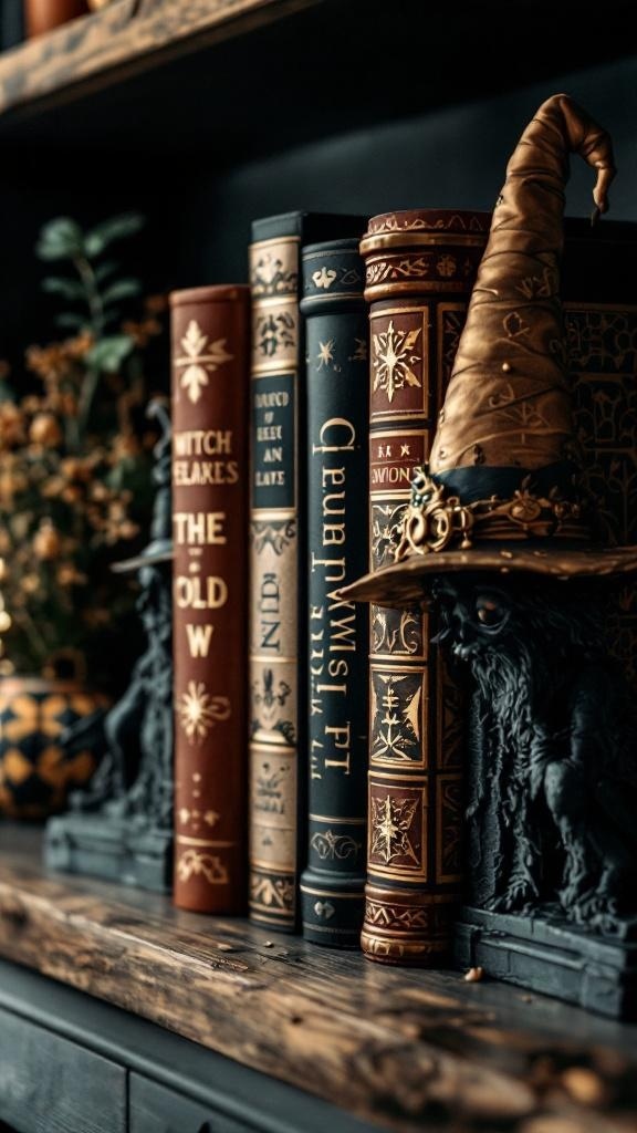 Decorative bookends featuring a witch hat and mystical designs, holding up a collection of books.