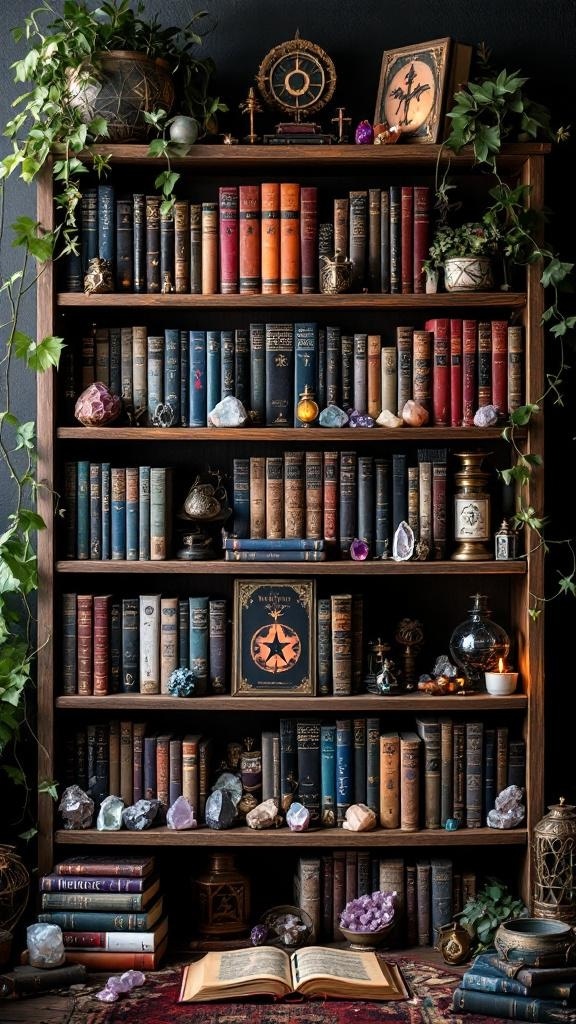 A beautifully styled bookshelf featuring vintage books, crystals, and plants.