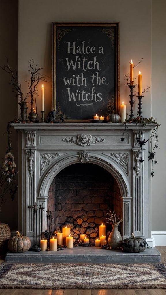 A beautifully decorated fireplace mantel with candles, pumpkins, and a sign.