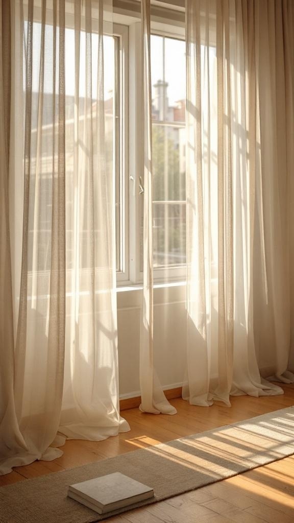 Sheer patch curtains allowing natural light to filter into a room.