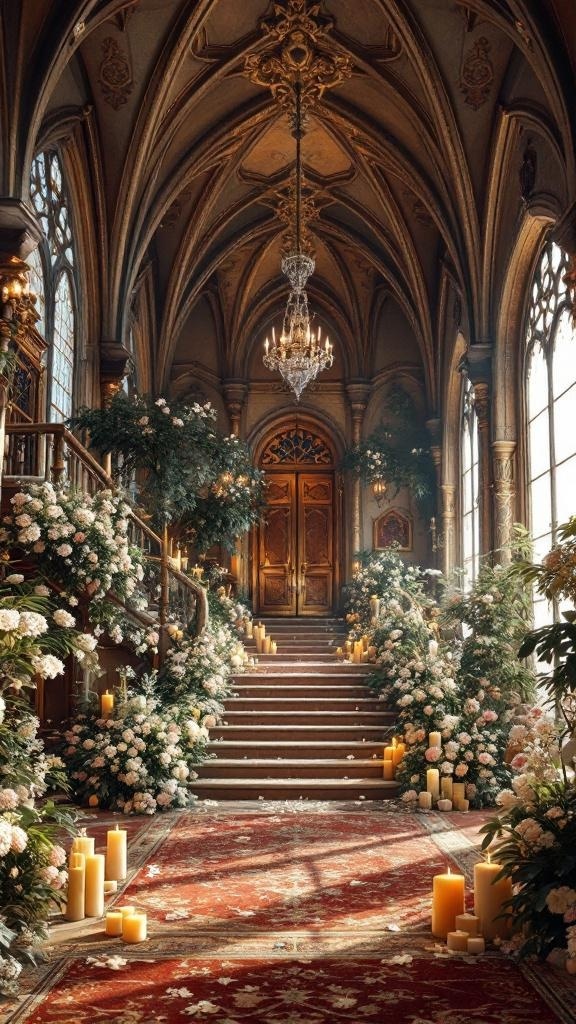A grand castle staircase adorned with flowers and candles, creating a romantic atmosphere.