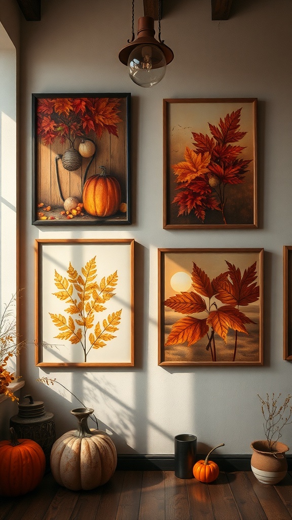 A cozy vintage bedroom with fall-inspired artwork featuring pumpkins and autumn leaves.