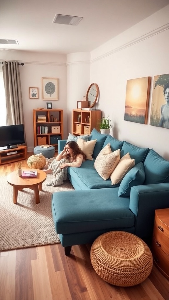 Cozy living room featuring a blue sectional sofa, wooden furniture, and warm decor.