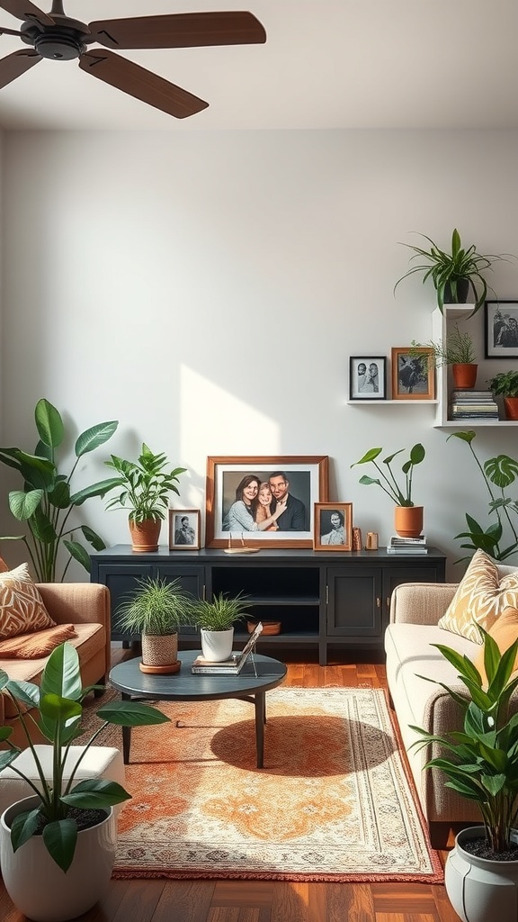 A cozy living room with family photos and various plants.
