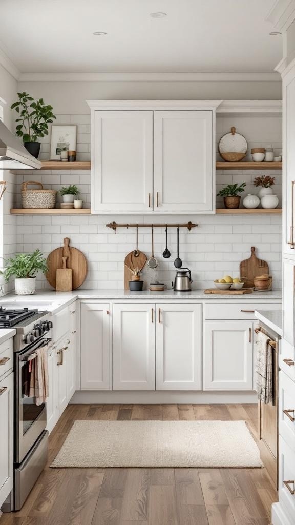 A cozy farmhouse kitchen featuring shaker cabinets, natural wood accents, and plants.