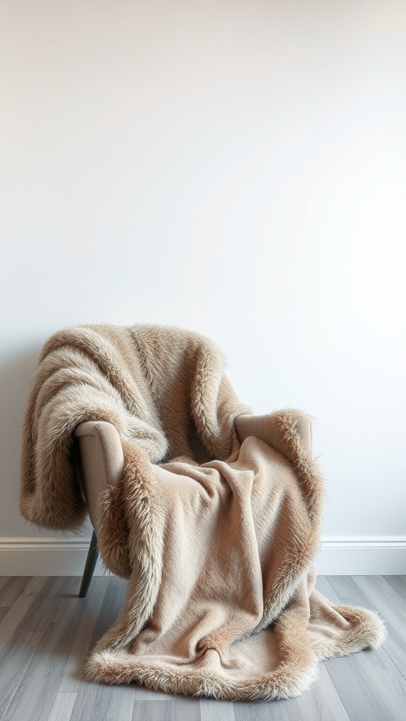 A cozy living room chair draped with a soft faux fur blanket.