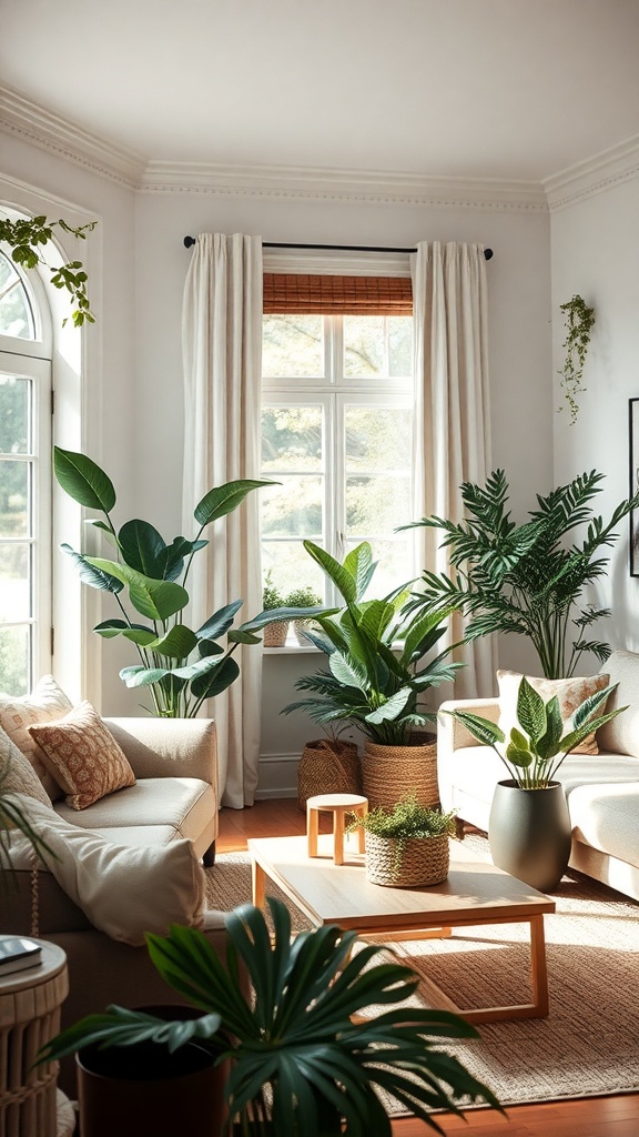 Cozy living room with faux plants and natural light.